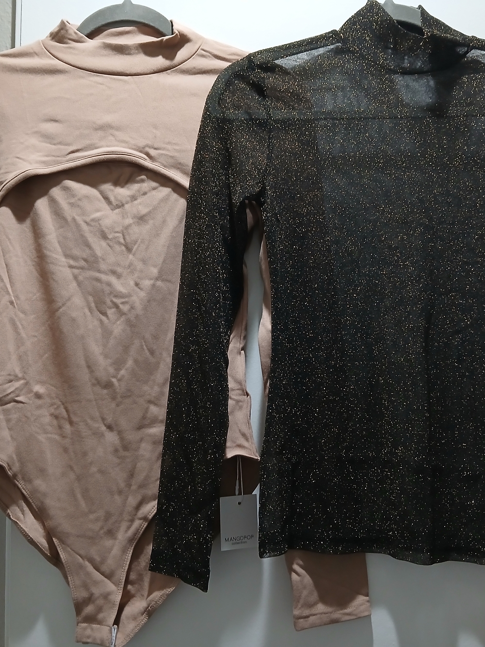 Mangopop Duo - Black Metallic Long-Sleeve Sheer Top + Tan Long Sleeved Bodysuit